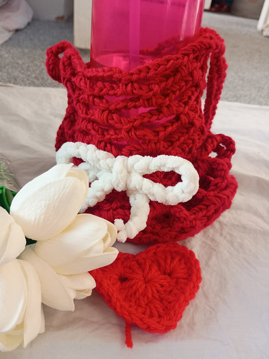 Handmade Crochet Water Bottle Holder UK | Cherry Bow Bag Accessory