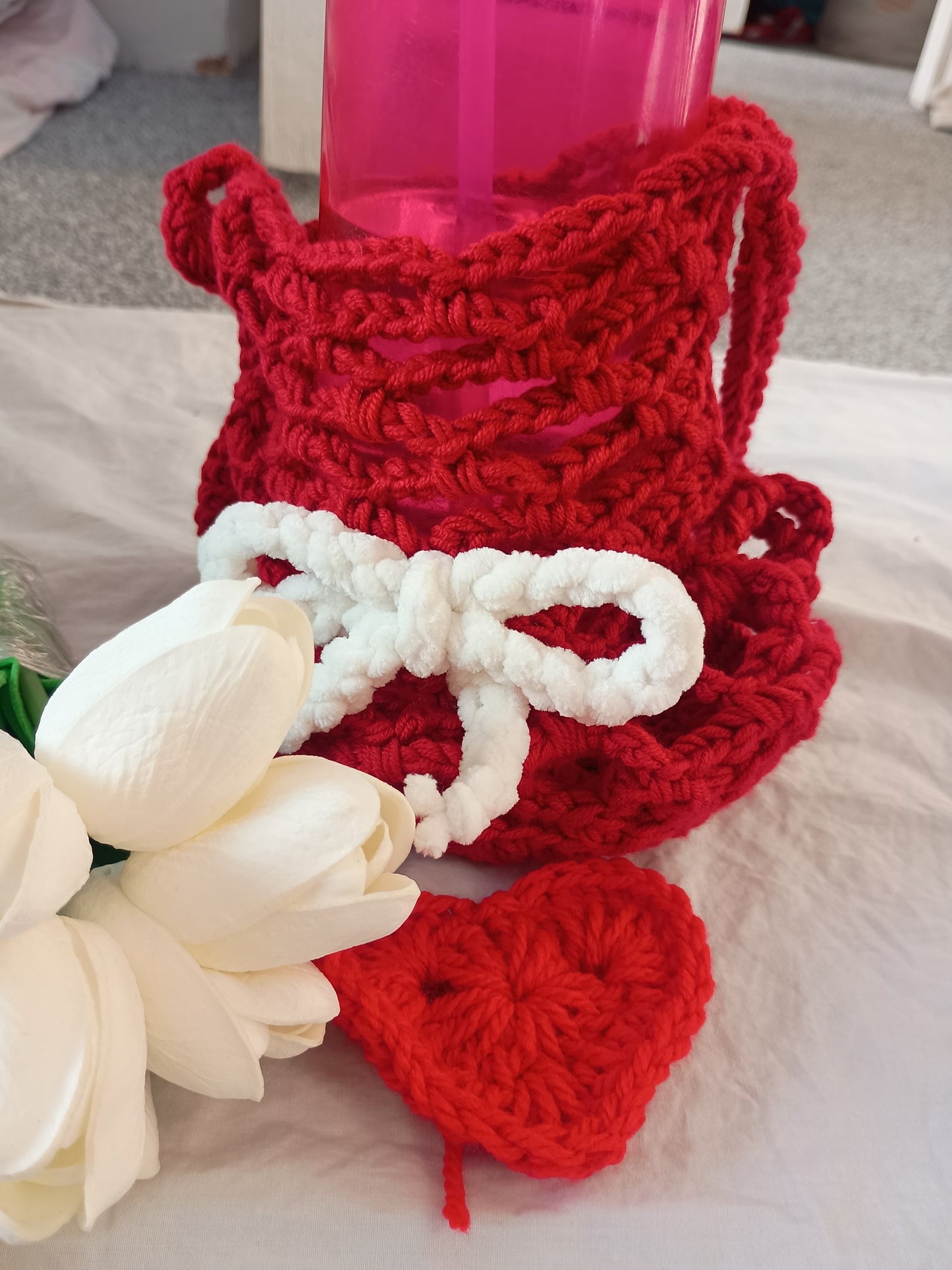 Acrylic Cherry Bow Crochet Water Bottle Holder